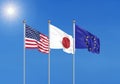 Three realistic flags of European Union, USA United States of America and Japan. 3d illustration