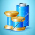 Three realistic isolated spools of thread with a needle and thread on a blue background Royalty Free Stock Photo