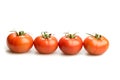 Three realistic looking tomatoes lying in a line isolated in white background