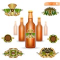 Three realistic mock up brown glass bottle of beer and set of luxury labels on white background