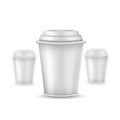 Three realistic mock up coffee or tea plastic cup with cap on white. Vector illustration one cup sharp and two cups dep Royalty Free Stock Photo