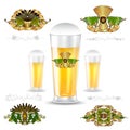 Three realistic mock up glass of beer and set of luxury labels on white. Vector illustration one bottle sharp and two b