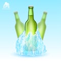 Three realistic mock up green bottle of beer frozen-in iceberg on blue background Royalty Free Stock Photo