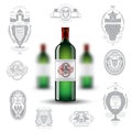 Three realistic mock up green bottle of wine and set of silhouette labels on white background Royalty Free Stock Photo