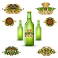 Three realistic mock up green glass bottle of beer and set of luxury labels on white background