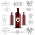 Three realistic mock up red bottle of wine and set of silhouette labels on white background