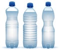 Three realistic plastic bottles with water with close blue cap o