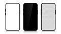 Three realistic smartphone mockup set. Mobile phone blank, white, transparent screen design on white background. Black Royalty Free Stock Photo