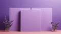 Color-blocked Abstraction: Three Purple Blank Card Frames In A Wooden Panel