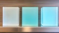 Three rectangular glass blocks of different colors (white, light blue, and light green) are arranged on a shelf. Royalty Free Stock Photo