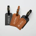 Three rectangular luggage tags are displayed on a light background. The tags are