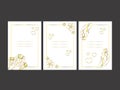 Three rectangular postcards with a place for text with gold decoration on a white background