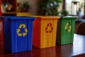 Three recycleable trash cans sitting on a table. Suitable for eco-friendly concepts Royalty Free Stock Photo