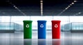 Three recycling bins stand in a spacious modern environment. The green, blue, and red colors represent different materials. This Royalty Free Stock Photo