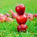 Three red apples stacked in grass field