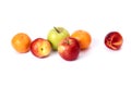 Three red bald peaches and mandarins on white background. Peaches apples and mandarins close up red color.