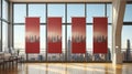 Three red banners hanging in a room with a view of the city. AI Royalty Free Stock Photo