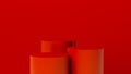 Three red blank cylindrical stands on a red background