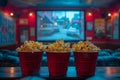 Three red buckets filled with popcorn sitting on a table Royalty Free Stock Photo