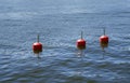 Three red buoys in blue summer sea.