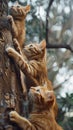 Three red cats climbing a tree trunk in a forest during daylight Royalty Free Stock Photo