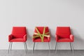 Three red chairs in barrier tape social distancing