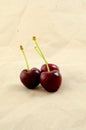 Three red cherries on a brown paper, vertical Royalty Free Stock Photo