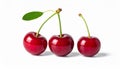 Three Red Cherries with Stems and One Green Leaf on White Background cherry fruit Royalty Free Stock Photo