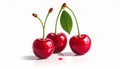 Three Red Cherries with Water Droplets and One Green Leaf on White cherry fruit Royalty Free Stock Photo