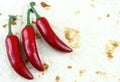 Three red chilis framed on a soft tortilla shell background for Cinco de Mayo text Royalty Free Stock Photo