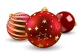 Three red Christmas balls with gold stars, empty and with white stripes with snow, New year toy decoration - vector Royalty Free Stock Photo