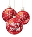 Three red christmas ornaments merry and bright transparent background Royalty Free Stock Photo