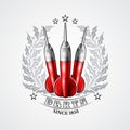 Three red darts in center of silver holy wreath. Sport logo for any darts game or championship