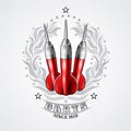 Three red darts in center of silver laurel wreath. Sport logo for any darts game or championship Royalty Free Stock Photo