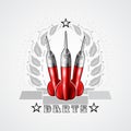 Three red darts in center of silver wreath. Sport logo for any darts game or championship