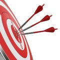Three Red Darts Embedded in a Red and White Target on White Background dartboard bullseye Royalty Free Stock Photo