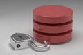 Three red disks in stack and unlocked steel padlock. Access granted to Data or Database in result of hacker attack. Concept of dat