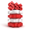 Three red dollar currency symbols on work gears Royalty Free Stock Photo