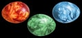 Three Red Dyed Colorful Easter Eggs Hand Painted And Decorated With Weed Leaves Imprints Isolated On Black Background