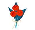 Three red flowers with large petals and blue leaves tied with a beige ribbon. Bouquet of flowers with a bow, simple flat