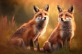 Three red foxes (Vulpes vulpes) in the grass