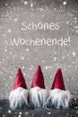 Three Red Gnomes, Snowflakes, Schoenes Wochenende Means Happy Weekend Royalty Free Stock Photo