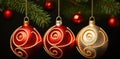 Three red and gold ornaments hanging from a christmas tree. AI. Royalty Free Stock Photo