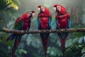Three red and green macaws sitting on the branch of a tree in a rain forest, a high resolution photography image, with insane Royalty Free Stock Photo