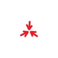 Three red hand drawn arrows point to the center. Triple Collide Arrows icon Royalty Free Stock Photo