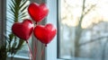 Three Red Heart Balloons Near Window Royalty Free Stock Photo