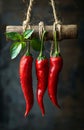Three red hot chili peppers hanging on branch Royalty Free Stock Photo
