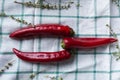Three red hot chili peppers are lying on a draped fabric. Hurbs are used as decoration. Royalty Free Stock Photo