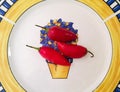 Three red hot chilli peppers over a white, blue and yellow ceramic plate Royalty Free Stock Photo