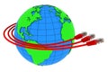 Three red internet cables wrap around the Earth Royalty Free Stock Photo